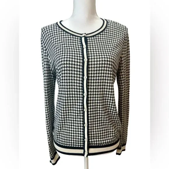Talbots Cardigan Top Women Medium Black Houndstooth Plaid Cotton Career Casual - Picture 2 of 11